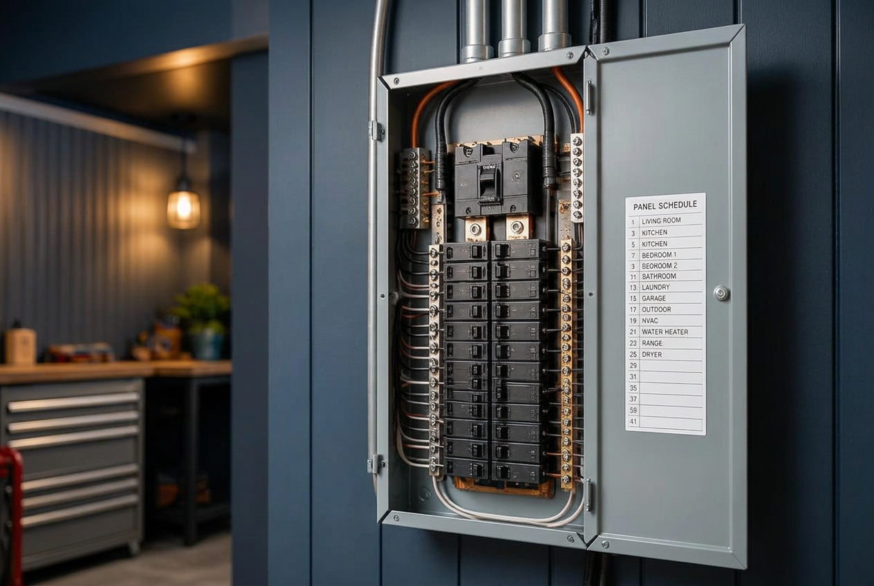 Clean 200 amp electrical panel installation with labeled circuits
